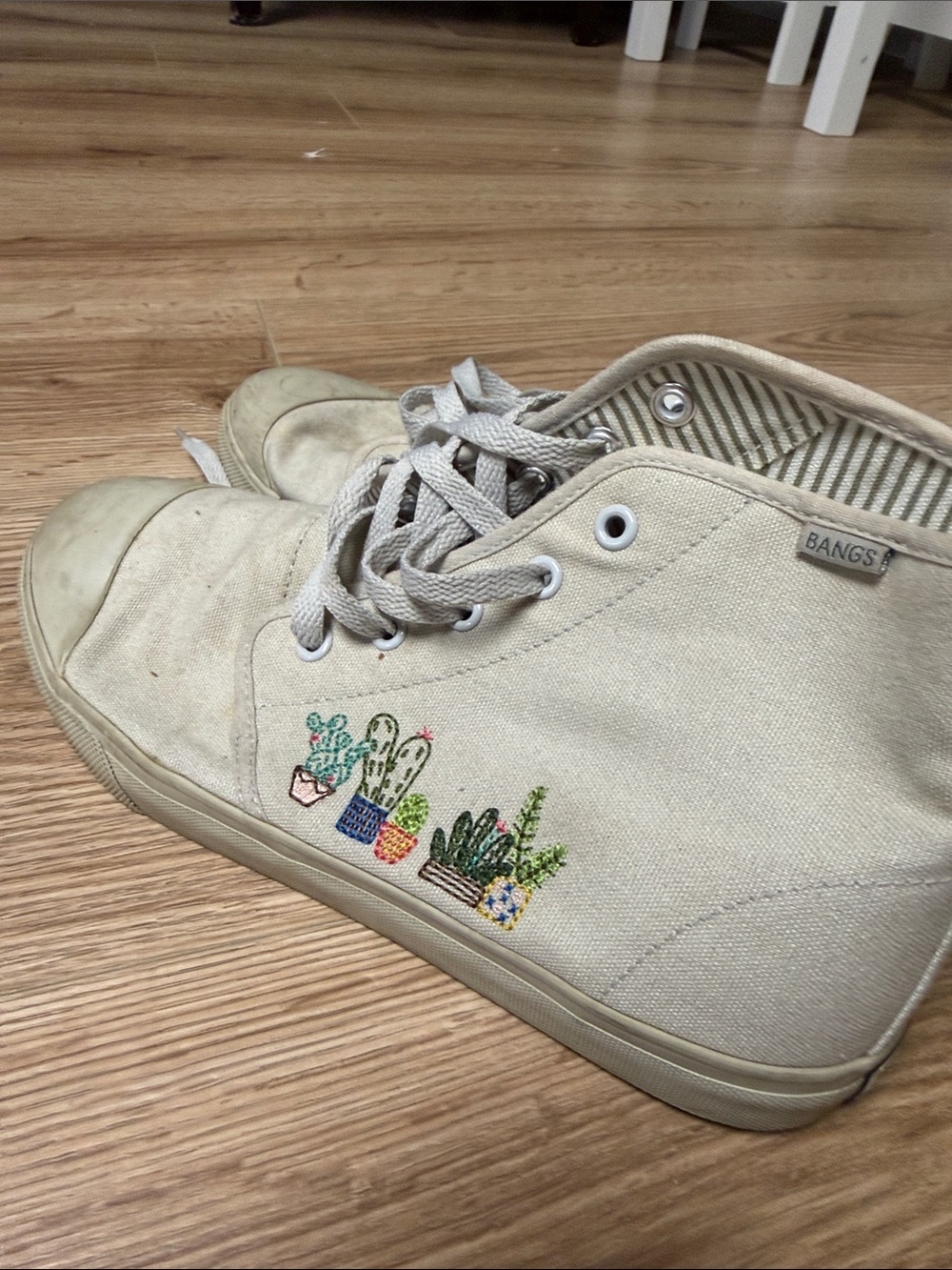 BANGS Women's Beige Canvas High-Top Sneakers with Cactus Embroidery